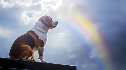 Beagle dog standing on stairs looking at a bright rainbow in the sky, symbolizing hope, reflection, loyalty, and emotional connection in a peaceful scene. Nexus Fang. Illustration