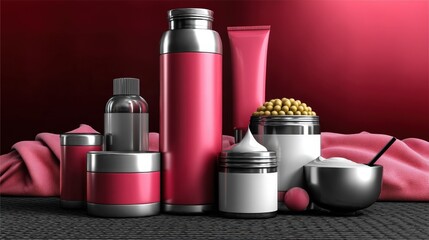 Fototapeta premium Elegant Pink and Silver Cosmetic Products Displayed on Dark Background Luxury Skincare and Beauty Items