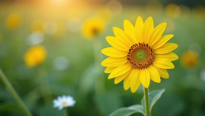 One bright yellow sunflower amidst white flowers, individuality, different