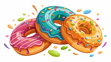 Fresh sweet donuts in motion with multicolored fruit glaze and sprinkles decorated. Fast sweet food concept, bakery ad design elements with glazed frosted falling doughnuts isolated, white 
 backgroun