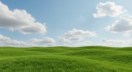Fototapeta premium Peaceful countryside scene with open blue sky and green fields.