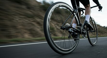 Fototapeta premium Modern bicycle tire on asphalt track with motion background.