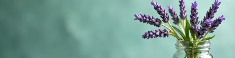 Fototapeta premium Freshly picked lavender sprig in a glass container, green, sprig, elegant
