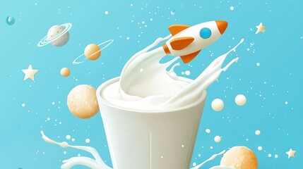 Rocket launching from milk glass; space background; kids' drink ad