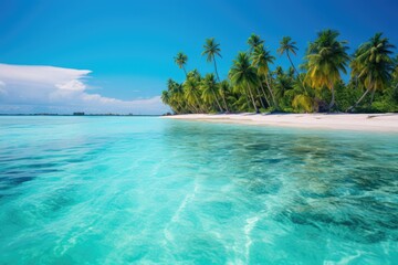Fototapeta premium Tranquil turquoise water laps a pristine white sand beach fringed by lush palm trees under a vibrant blue sky.