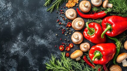 Fresh vegetables and mushrooms arranged beautifully on a dark surface for culinary preparation