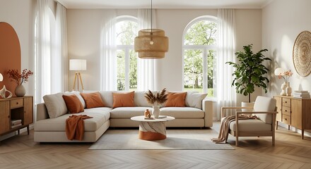 Modern boho-inspired living room with arched windows, terracotta accents, Scandinavian furniture, herringbone wood floors, lush plants, and soft morning light in editorial interior design style.