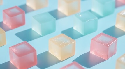 Pastel cube candies arranged on blue background