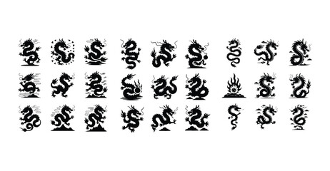 Chinese Dragon Silhouette Set | Mythical Oriental Vector Design Traditional Chinese Dragon | Black Silhouette Illustration Pack