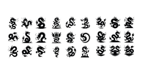 Chinese Dragon Silhouette Set | Mythical Oriental Vector Design Traditional Chinese Dragon | Black Silhouette Illustration Pack