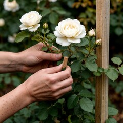 Hands gently tending to white roses in a garden  