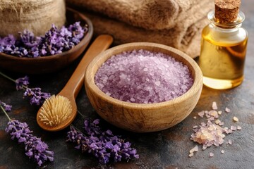 Spa setting with lavender, bath salts, essential oil, and massage brush.
