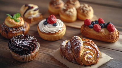 Delicious Bakery Products on Wooden Background

