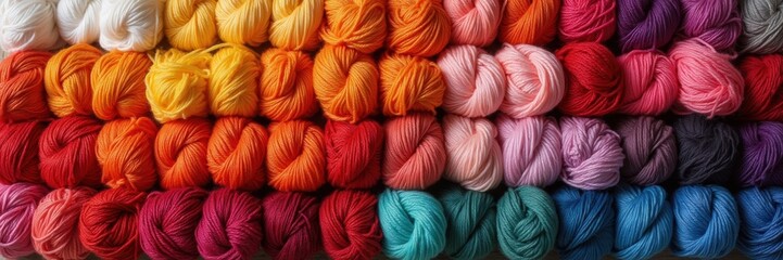 A vibrant display of multicolored yarns arranged neatly, showcasing a spectrum of hues perfect for crafting and diy projects.