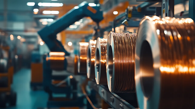 Mechanical arm handling copper coils in a cable production facility, bright lights reflecting off clean surfaces, Electrical wire industry style