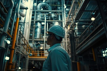 Fototapeta premium Engineer in a large industrial plant, observing complex machinery and pipelines.