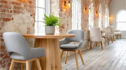 Obraz premium Charming cafe nestled in an old brick warehouse with contemporary furnishings and lively atmosphere