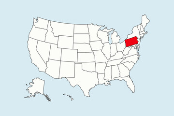 Pennsylvania highlighted in USA map isolated on blue background