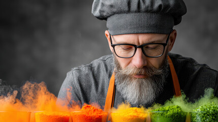 Chef combines culinary skills with chemistry in a modern kitchen using laboratory techniques for colorful food transformations