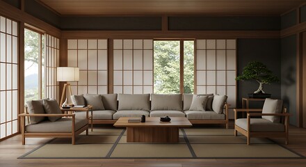 Japandi-style minimalist living room with shoji windows, sand and charcoal tones, low wood furniture, tatami textures, bonsai trees, and diffused daylight in a serene, zen-inspired setting.