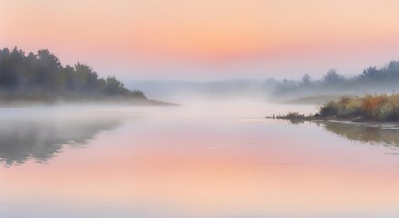 Fototapeta premium Misty morning over a tranquil lake landscape