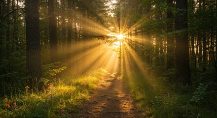 Fototapeta premium Sunlight shines through trees in a forest illuminating a path.
