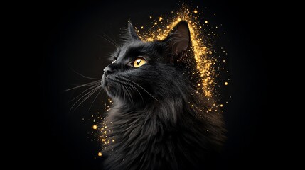 Majestic Black Cat Golden Sparkle Elegant Pet Animal Portrait Photography Studio Shot Dark Background Luxury Furry Longhair Cat Breed Mystical Magical