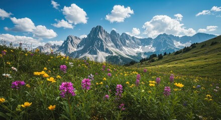 Mountain range backdrop with meadow foreground featuring wildflowers under a blue sky.