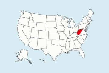 West Virginia highlighted in USA map isolated on blue background