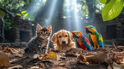 leaves ruins with sunlight pouring through jungle