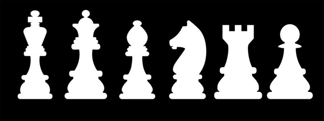 Chess pieces including king, queen, rook, knight, bishop, pawn isolated on black background