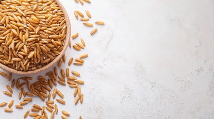 Fototapeta premium Brown rice grains in a bowl scattered on a light background in a kitchen setting