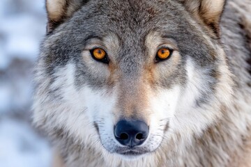 Close-up portrait of a dire wolf showing its glowing orange eyes in the snow