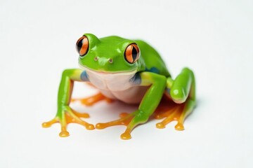 Fototapeta premium Green tree frog perched on white, vibrant skin, amphibian, studio shot, clean