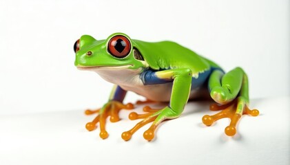 Obraz premium Green tree frog perched on white, vibrant skin, one, reptile