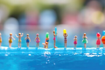 Miniature people enjoying a sunny day at the poolside, playing with inflatable toys.