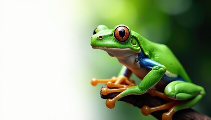 Naklejka premium Green tree frog perched on white, vibrant details, reptile, reptile photography, white background