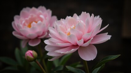 Obraz premium Pink Peony Flowers Blooming with Bud in Garden, Floral Spring Blossom Close Up