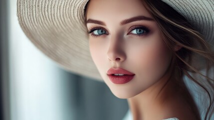 Close-up portrait of a woman with stunning makeup and a stylish hat.
