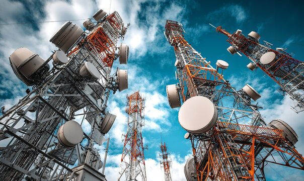 Telecommunication Towers with Satellite Dishes Against Blue Sky – Concept of Modern Mobile Network and Wireless Communication