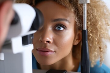An African woman receives an eye examination from a mature optician to test her vision and check for any issues with her iris, glaucoma, or retina
