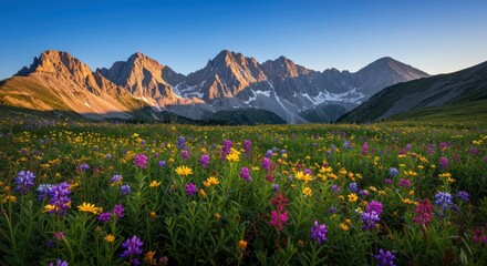 Mountain range backdrop with a meadow full of wildflowers in the foreground.