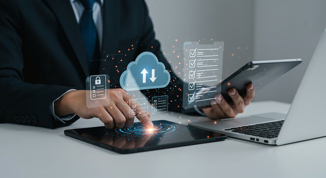A man using a tablet with cloud computing and security icons displayed above the device surface area view selling, purchasing,$, agreement - Powered by Adobe