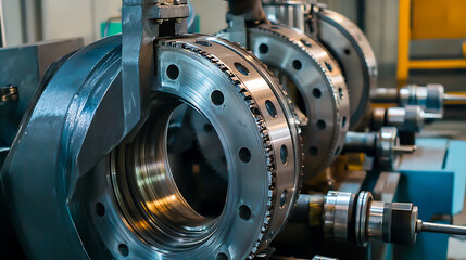 Mechanical arm installing heavy duty bearings in industrial machinery, clean and organized workstations with precise tool handling visible, Bearing installation style