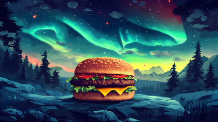 Delicious isolated burger under peaceful aurora borealis night sky. Aurora Seed. Illustration