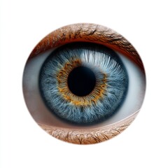 A detailed depiction of an eye is shown, with the iris being grey and the pupil black