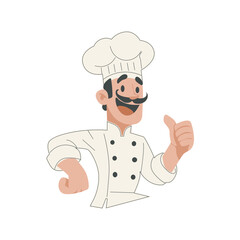 French chef in uniform in flat design. Culinary mascot cooking in restaurant. Vector illustration isolated.
