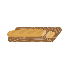 French baguette in flat design. Fresh crusty bread for morning breakfast. Vector illustration isolated.