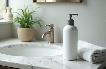 Realistic image of a marble sink with a blank pump skincare bottle, towel, and potted plant beside it, mockup, cosmetics, interior bathroom