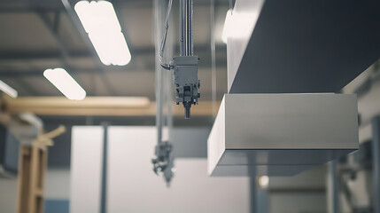 Mechanical arm installing insulation panels in an industrial warehouse, clean layout and organized tool stations visible, Insulation installation style